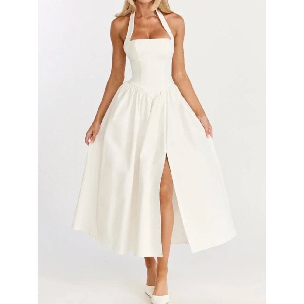 Showpo Cream White Midi Dress Bridal Size 10 Helda Halter Corset Wedding Formal